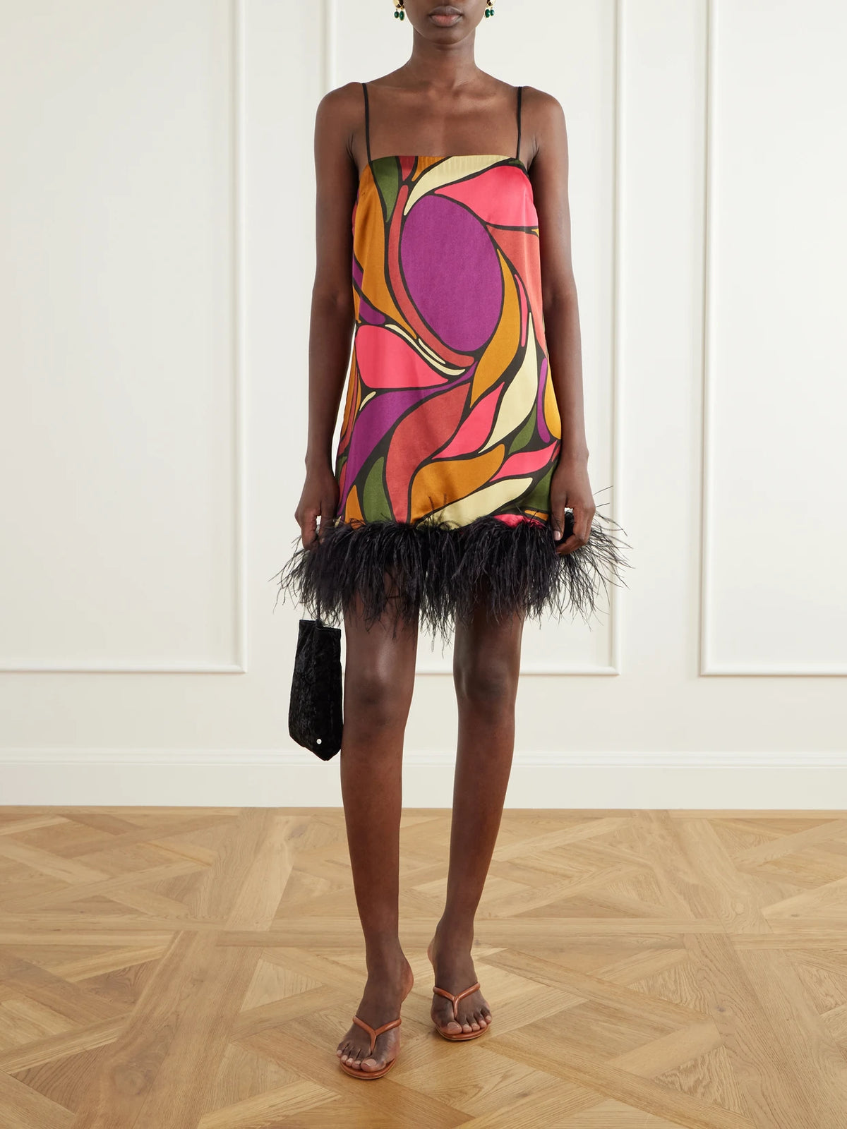 Image of Dresses. Product name - Feather-embellished Printed Satin Mini Dress in Multi colour by brand - Cala de la Cruz