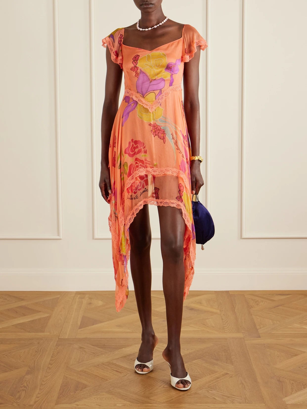 Image of Dresses. Product name - Guava Flores Ruffled Asymmetric Lace-trimmed Silk-chiffon Midi Dress in Orange colour by brand - Donde Esteban