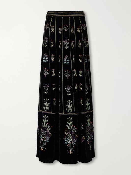 Emporio Sirenuse Camille Agra Flower-embroidered Velvet Midi Skirt