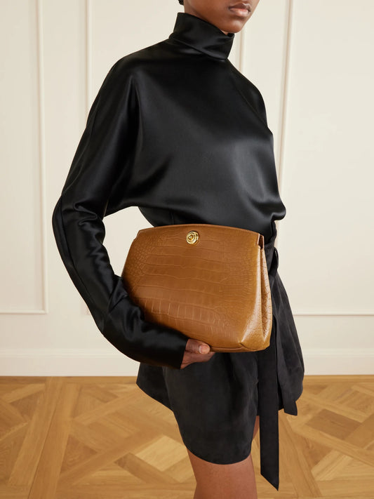 Image of Bags. Product name - Pushlock Croc-effect Leather Clutch in Tan colour by brand - Liffner