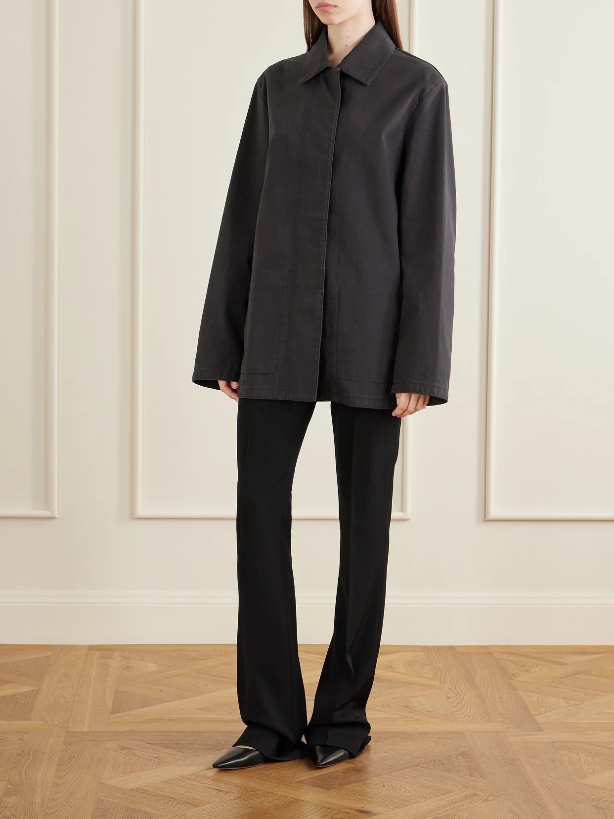 Image of Coats & Jackets. Product name - Baeza Cotton Jacket in Black colour by brand - The Row