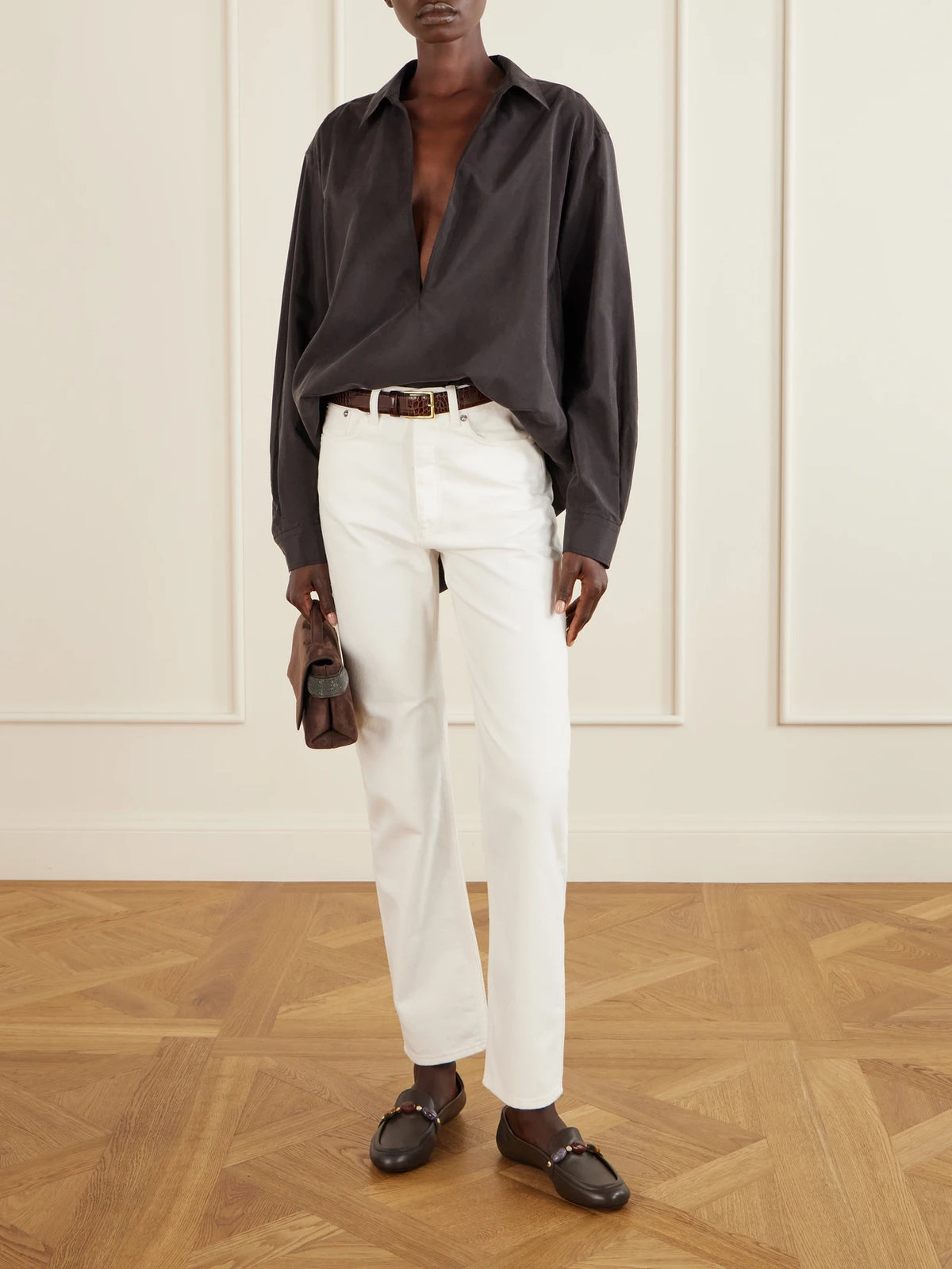Image of Flats. Product name - Embellished Leather Loafers in Chocolate colour by brand - Gianvito Rossi