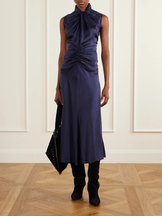 Image of Dresses. Product name - Delfi Gathered Twist-front Silk-satin Midi Dress in Navy colour by brand - ISABEL MARANT