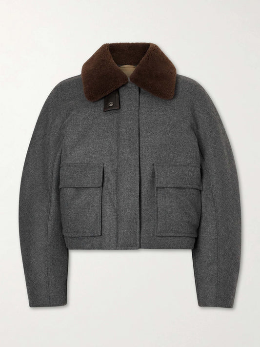 Image of Coats & Jackets. Product name - Shearling-trimmed Padded Wool And Cashmere-blend Down Jacket in Gray colour by brand - Brunello Cucinelli