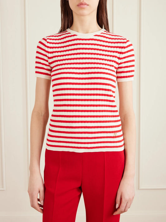 Embellished Striped Ribbed Cotton T-shirt