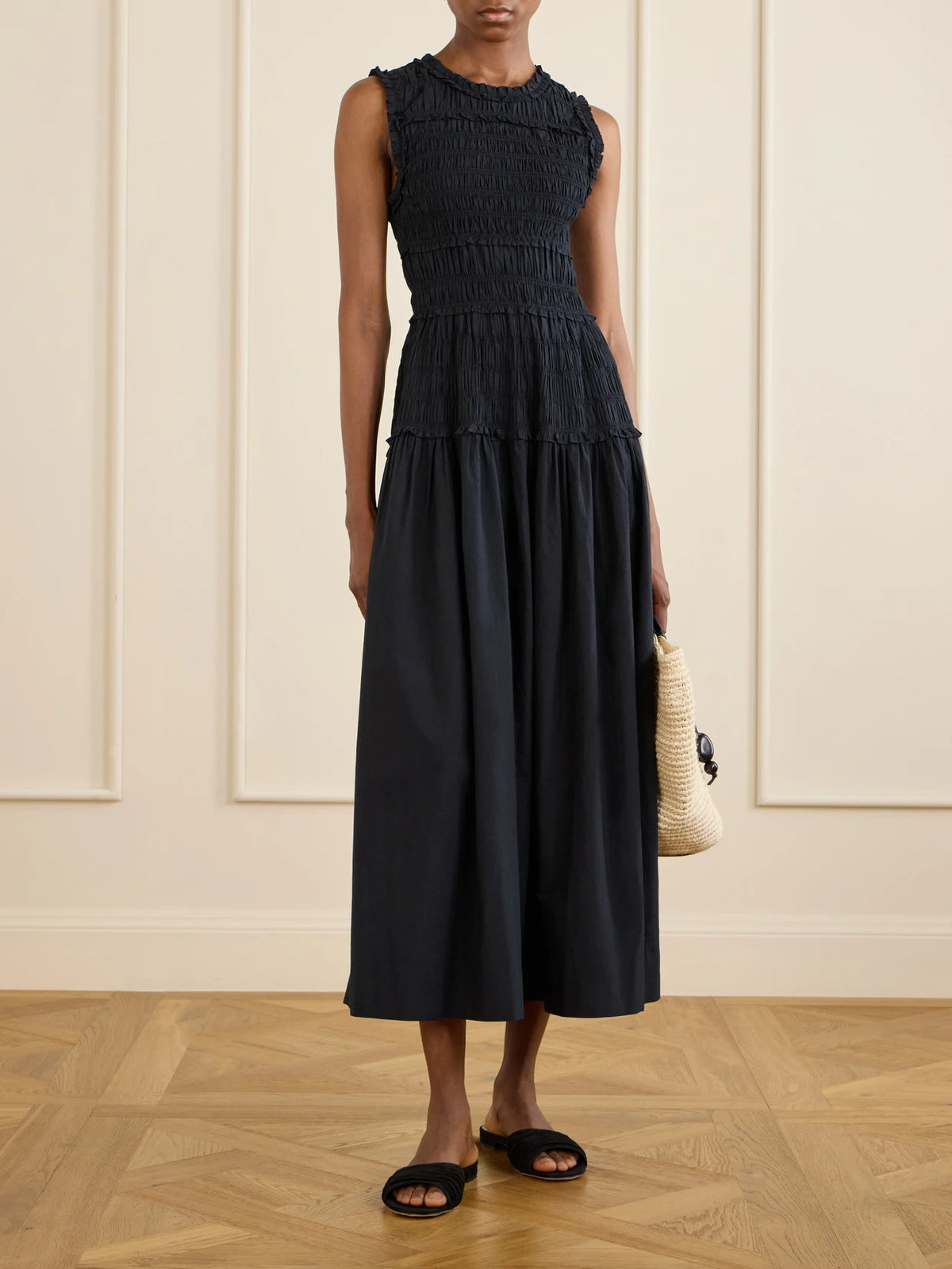 Image of Dresses. Product name - Mallory Cotton-poplin Midi Dress in Black colour by brand - DÔEN
