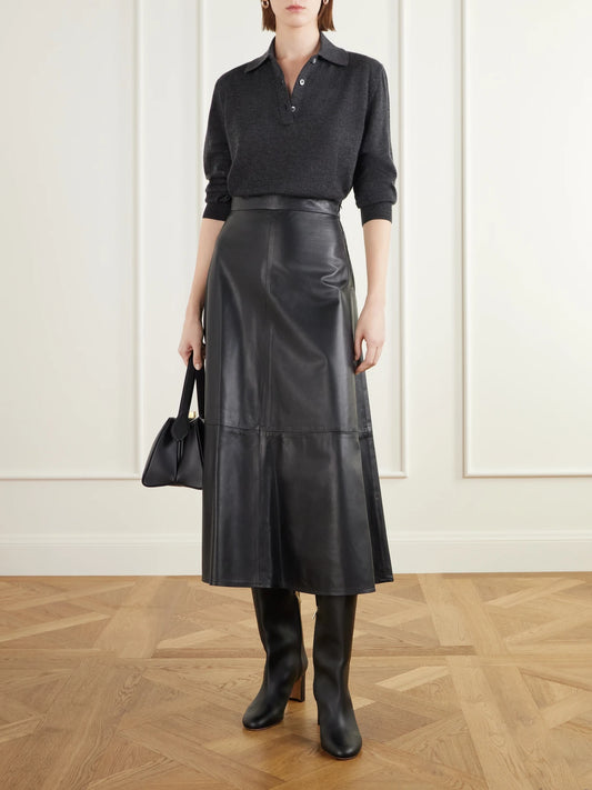Image of a model wearing Outerwear. Product name - The Cassiope Cashmere And Silk-blend Polo Sweater in Dark gray colour by brand - Giuliva Heritage