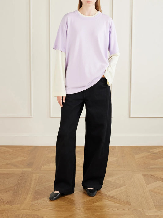 Image of a model wearing Tops. Product name - T-knit Ribbed-knit Cotton T-shirt in Lilac colour by brand - &Daughter