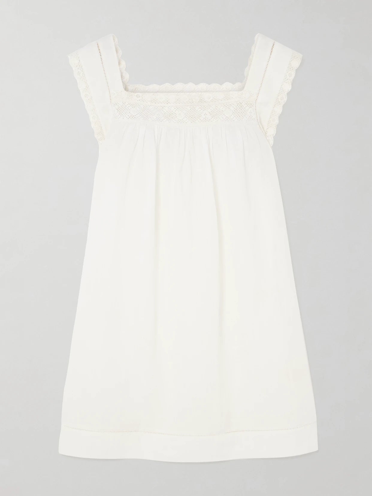 Image of Dresses. Product name - Almadia Crochet-trimmed Ramie Mini Dress in White colour by brand - DÔEN