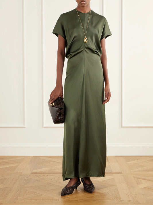 Image of Dresses. Product name - Draped Crepe Satin Maxi Dress in Dark green colour by brand - TOTEME