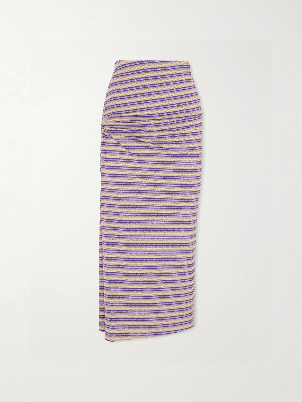 Image of a model wearing Skirts. Product name - Gathered Striped Jersey Maxi Skirt in Multi colour by brand - RABANNE