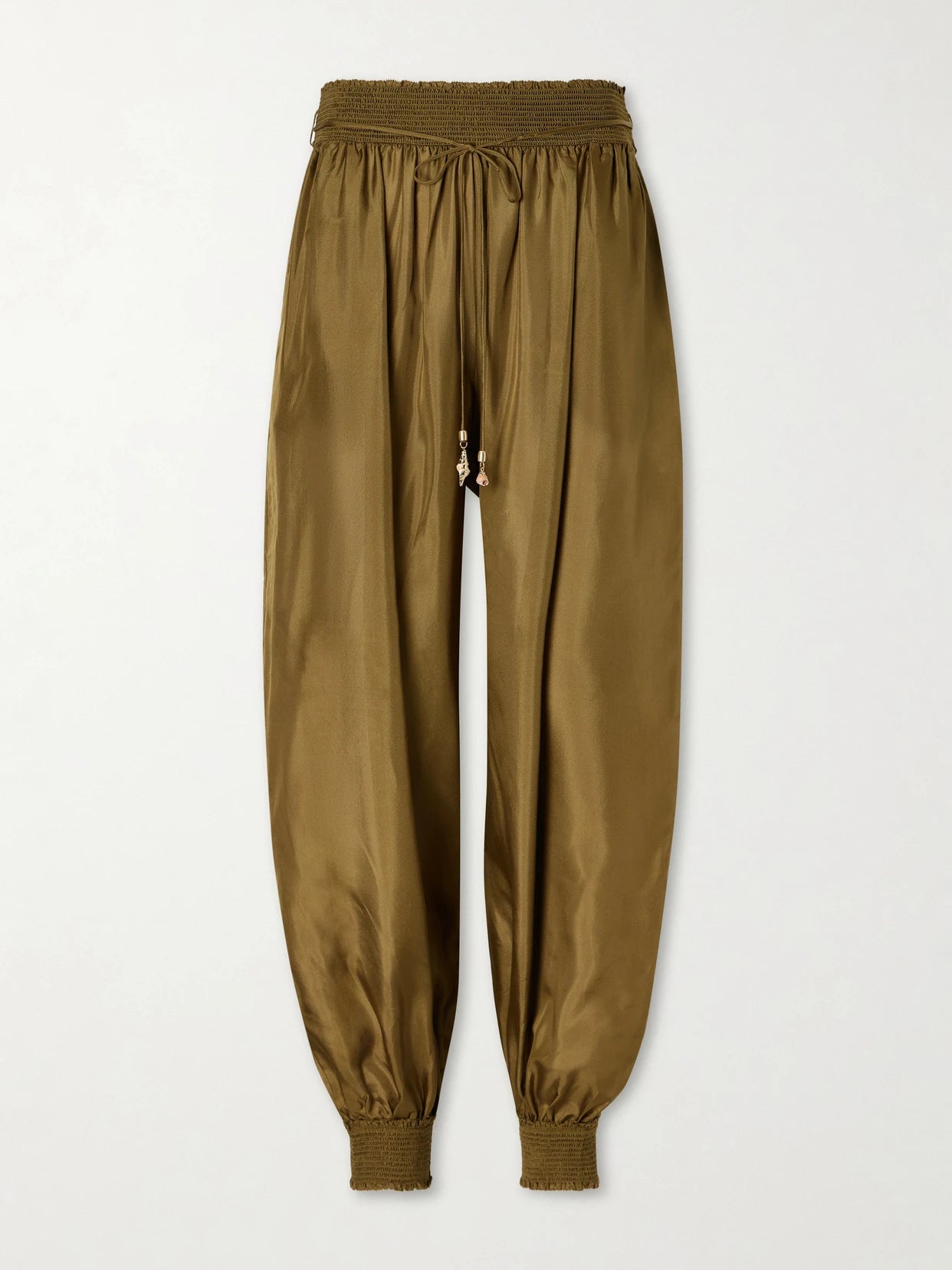 Image of a model wearing Pants. Product name - Mahon Silk Balloon Pants in Green colour by brand - Zimmermann