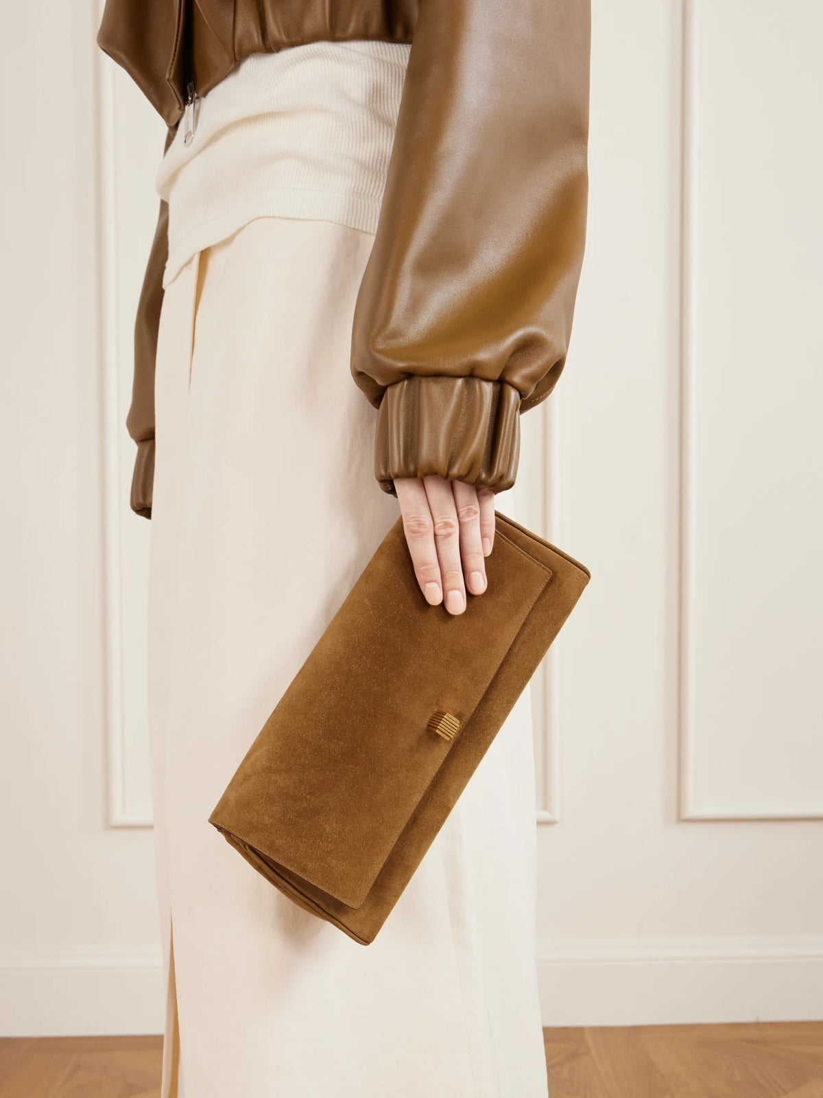 Image of Bags. Product name - Audrey Suede Clutch Bag in Brown colour by brand - KHAITE