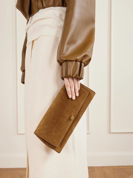 Image of Bags. Product name - Audrey Suede Clutch Bag in Brown colour by brand - KHAITE