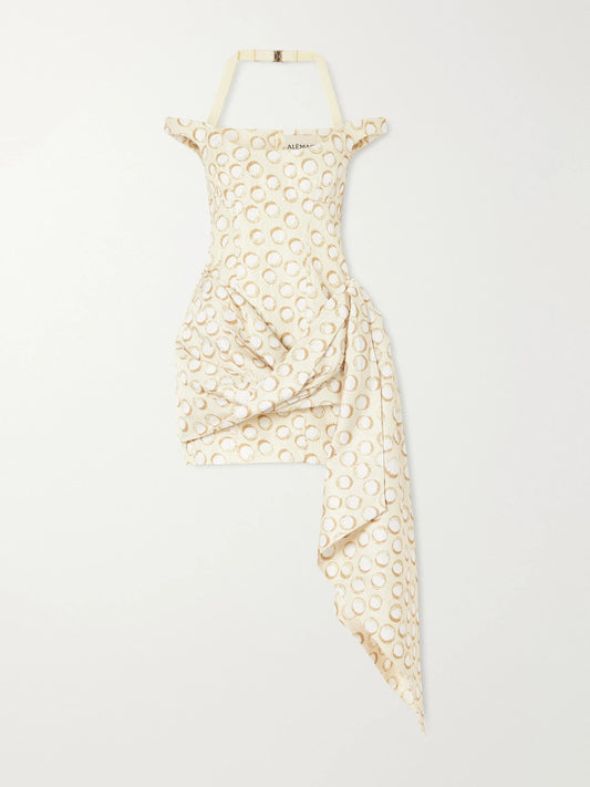 Image of Dresses. Product name - Paula Draped Asymmetrical Printed Moire Mini Dress in Cream colour by brand - ALÉMAIS