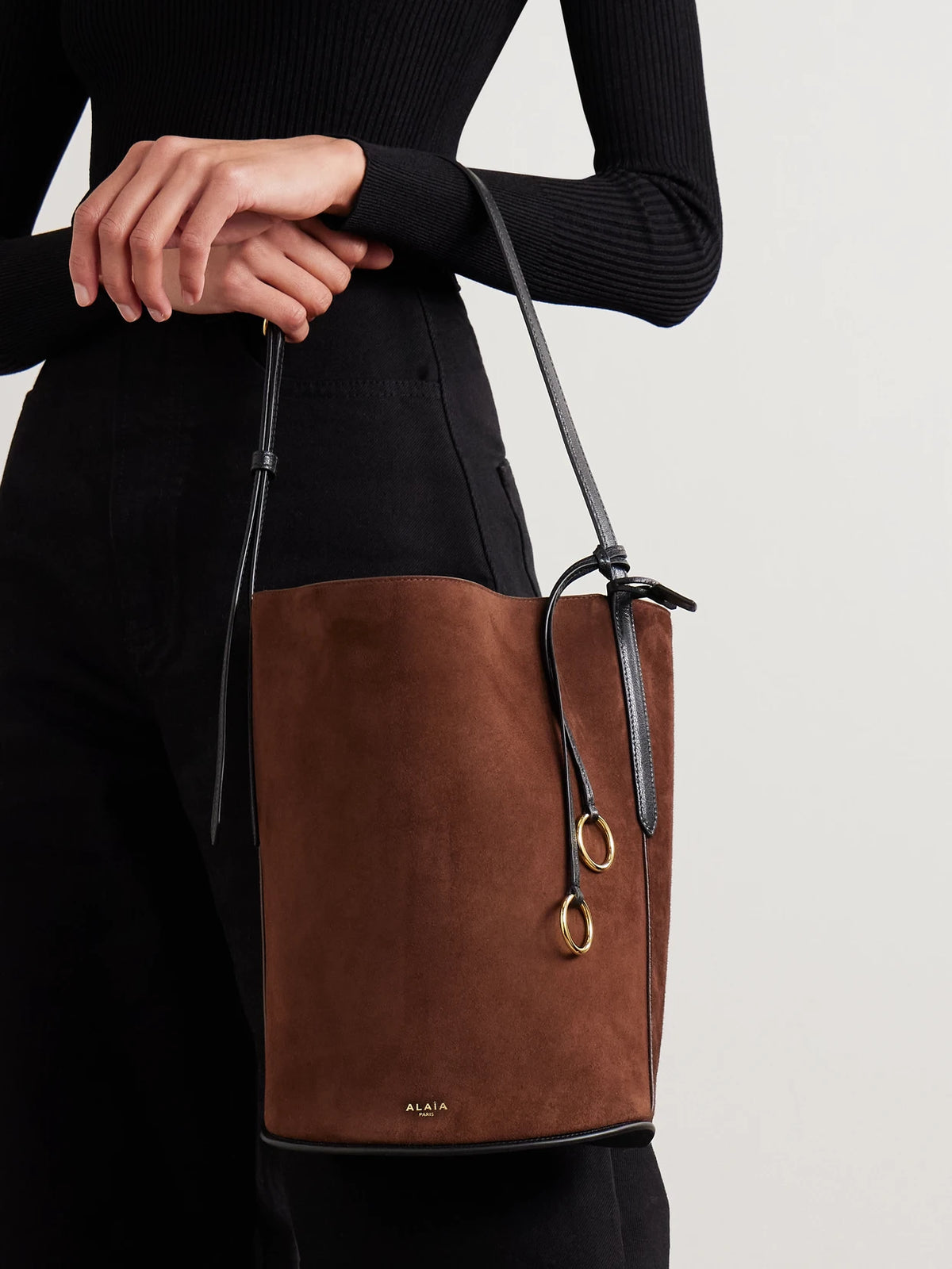 Image of Bags. Product name - Leather-trimmed Suede Tote in Brown colour by brand - Alaïa