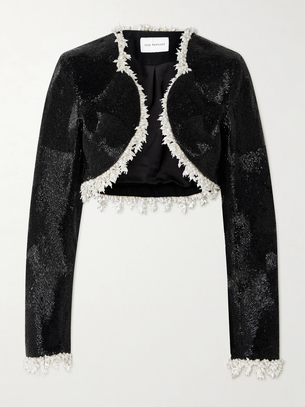 Image of Coats & Jackets. Product name - Margot Cropped Embellished Satin Jacket in Black colour by brand - Clio Peppiatt