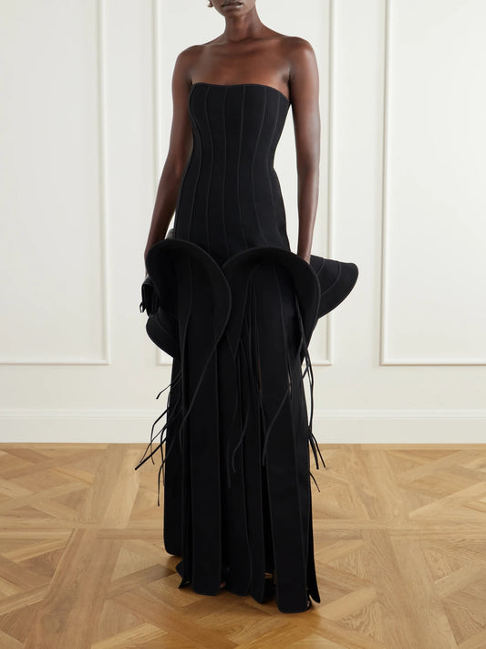 Image of Dresses. Product name - Kingdom Strapless Ruffled Paneled Crepe Gown in Black colour by brand - Maticevski