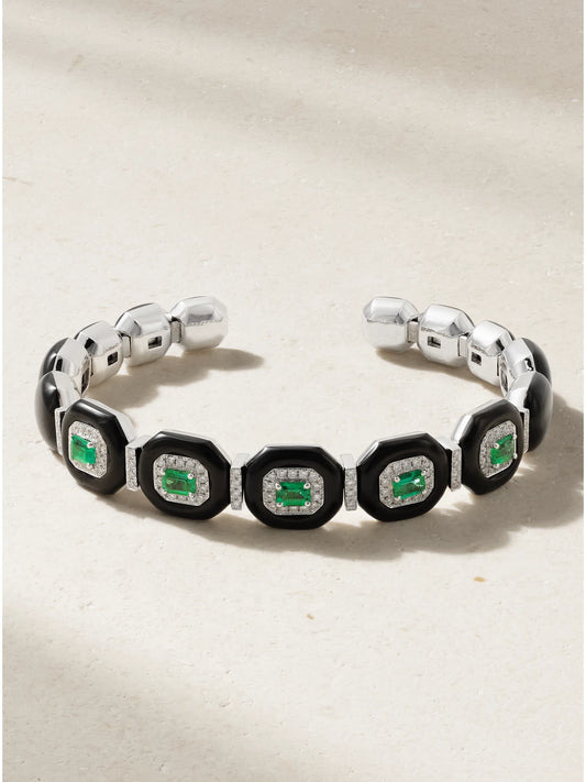 Oui 18-karat White Gold, Emerald, Diamond And Enamel Bangle