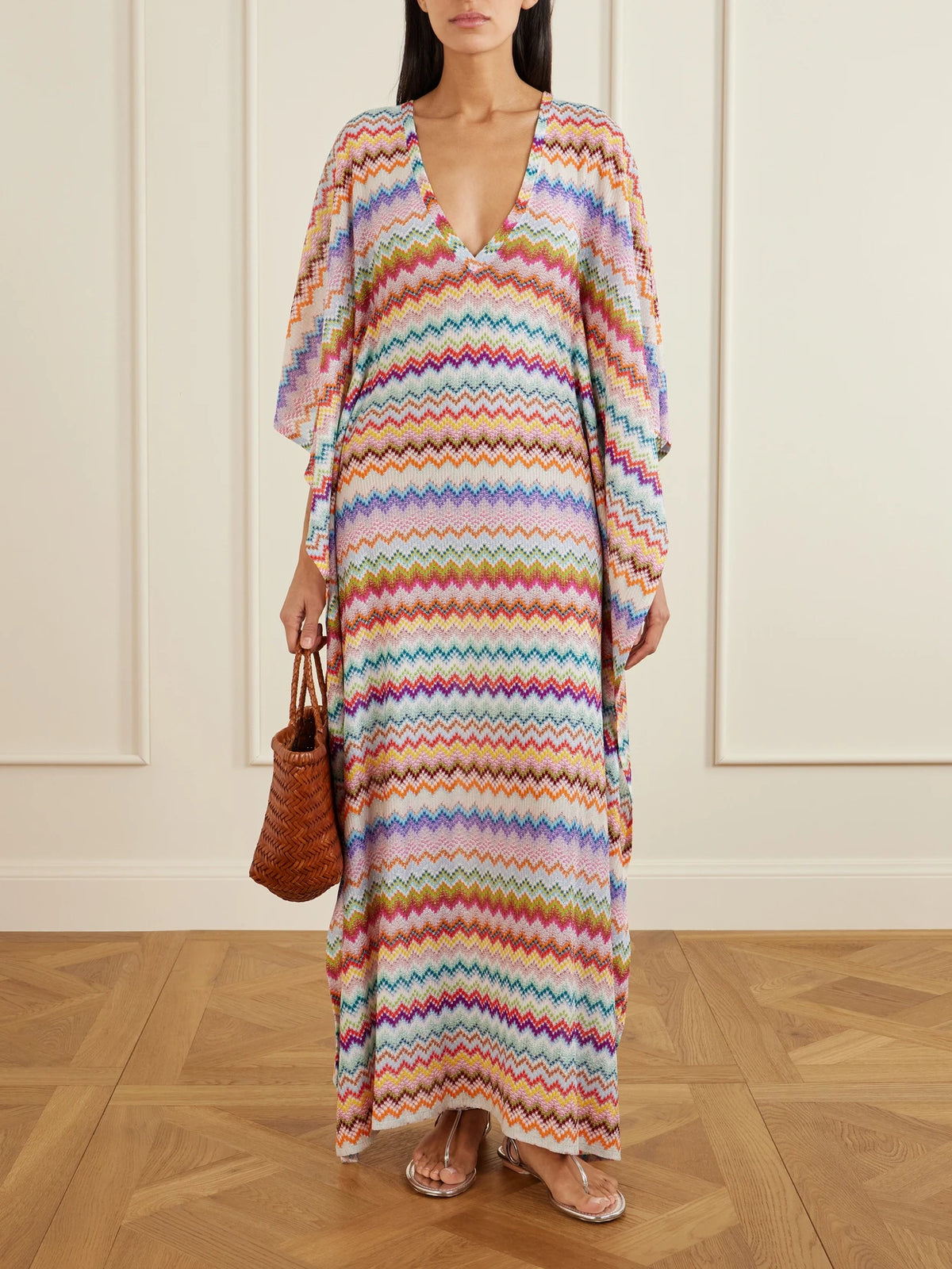 Image of Dresses. Product name - Striped Metallic Crochet-knit Kaftan in Orange colour by brand - Missoni