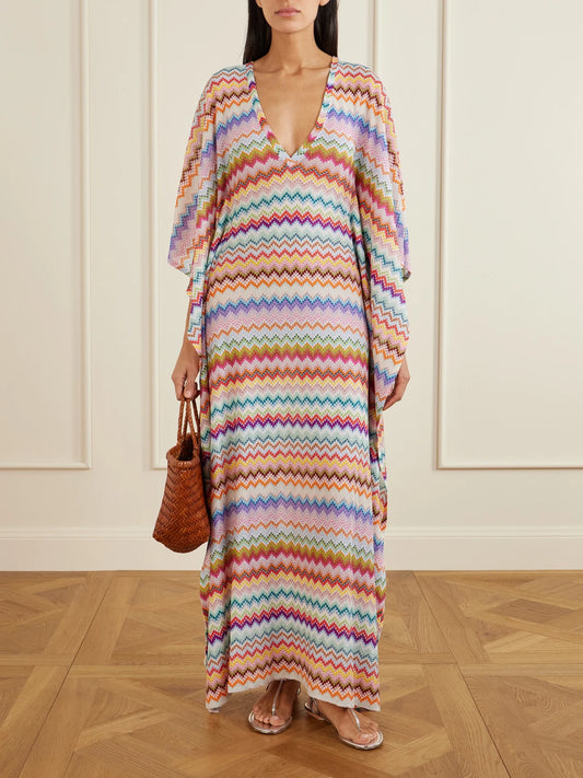 Image of Dresses. Product name - Striped Metallic Crochet-knit Kaftan in Orange colour by brand - Missoni