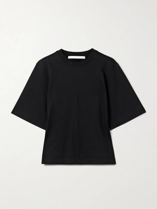 Image of a model wearing Tops. Product name - The Isla Organic Cotton-jersey T-shirt in Black colour by brand - RÙADH