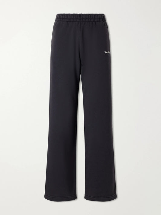 Image of Sleepwear & Loungewear. Product name - Logo-embroidered Cotton Wide-leg Pants in Black colour by brand - Sporty & Rich