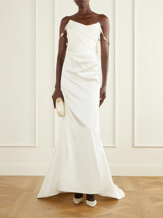 Image of Dresses. Product name - Pearl-embellished Satin Gown in White colour by brand - Vivienne Westwood