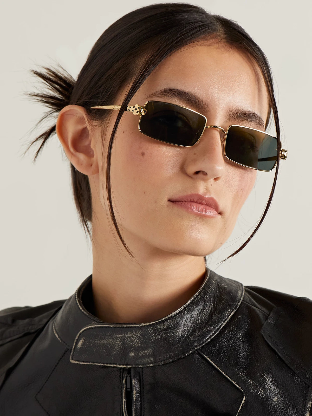 Image of Sunglasses. Product name - Panthère Rectangle-frame Crystal-embellished Gold-tone Sunglasses in Multi colour by brand - Cartier Eyewear