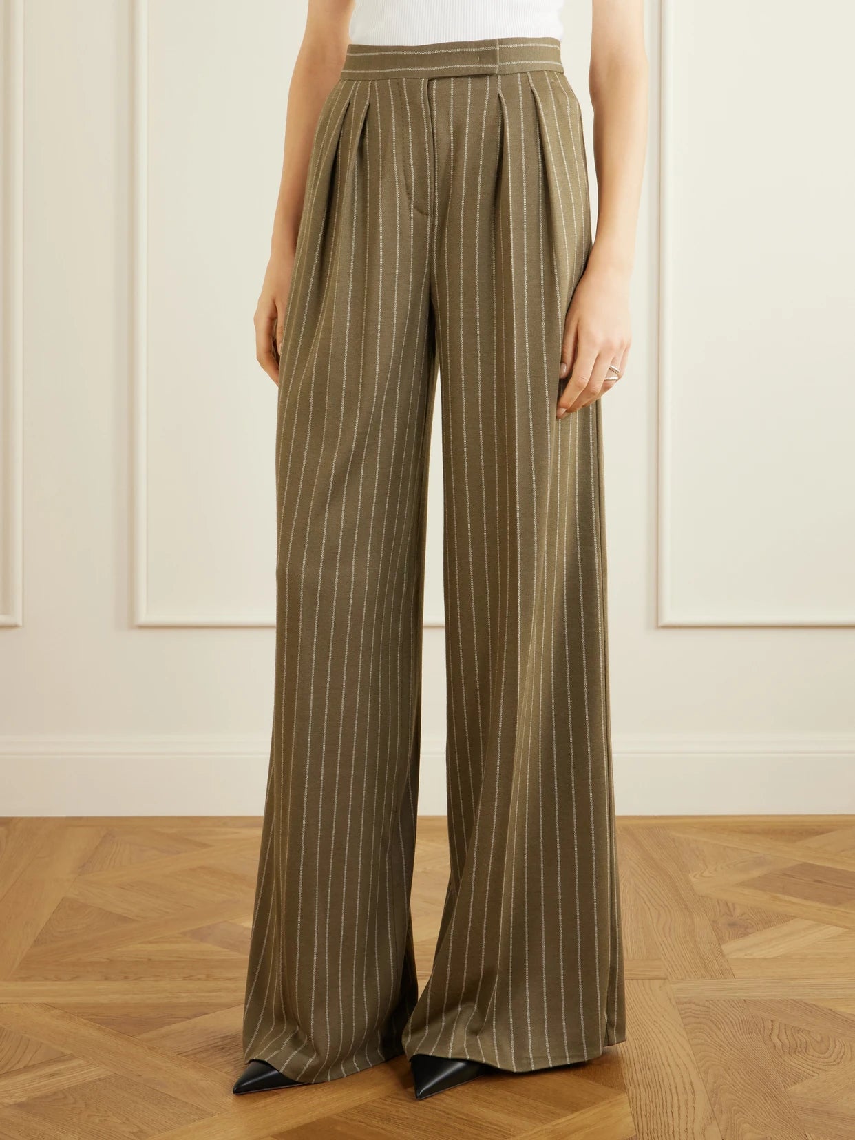 Striped Pleated Jersey Wide-leg Pants