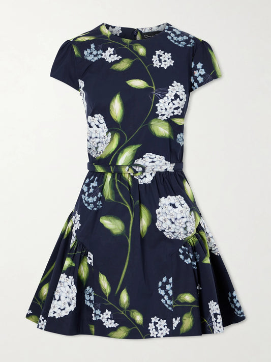 Image of Dresses. Product name - Belted Tiered Floral-print Cotton-blend Poplin Mini Dress in Navy colour by brand - Oscar de la Renta