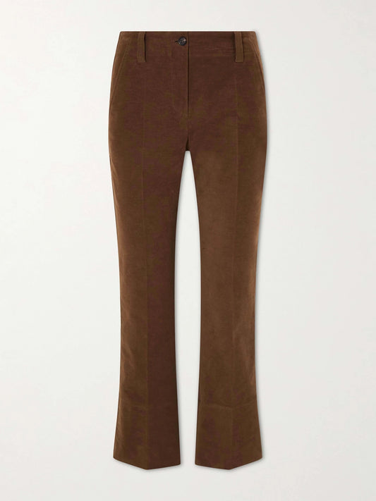 Image of a model wearing Pants. Product name - Cropped Cotton-blend Flared Pants in Brown colour by brand - Brunello Cucinelli