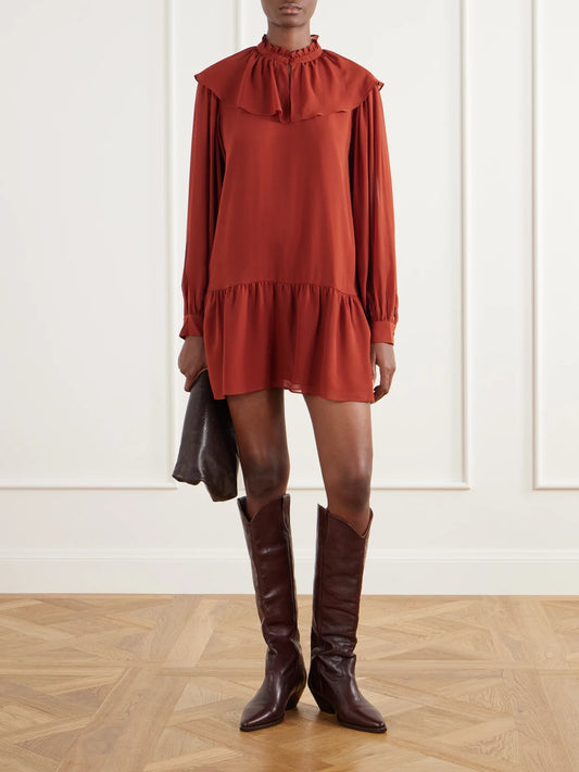 Image of Dresses. Product name - Tiered Ruffled Silk-chiffon Mini Dress in Multi colour by brand - FRAME