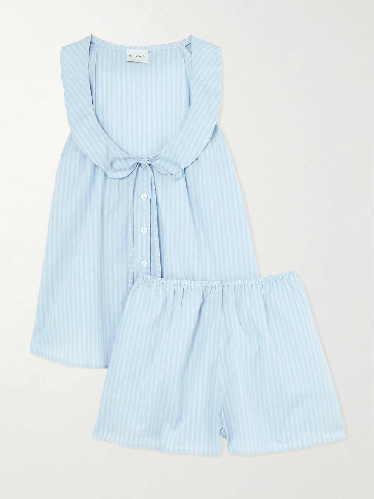 Round Collar Tie-detailed Striped Organic Cotton Shirt And Shorts Set
