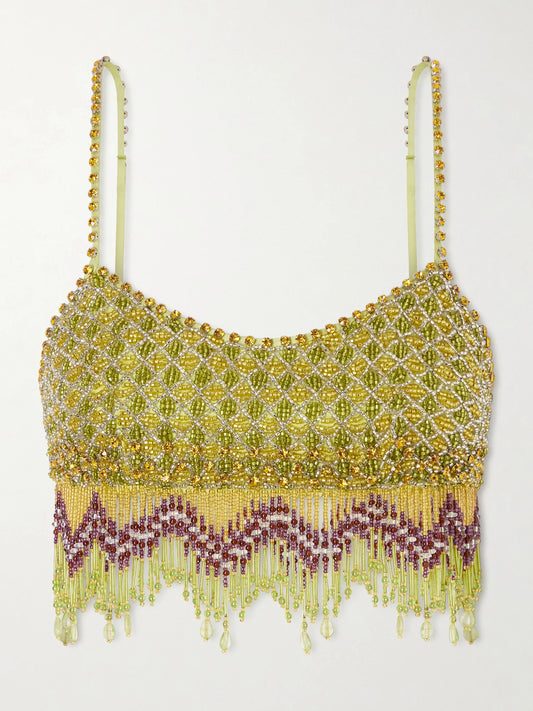 Image of a model wearing Tops. Product name - Bottleglass Cropped Fringed Beaded Satin Top in Lime green colour by brand - BODE