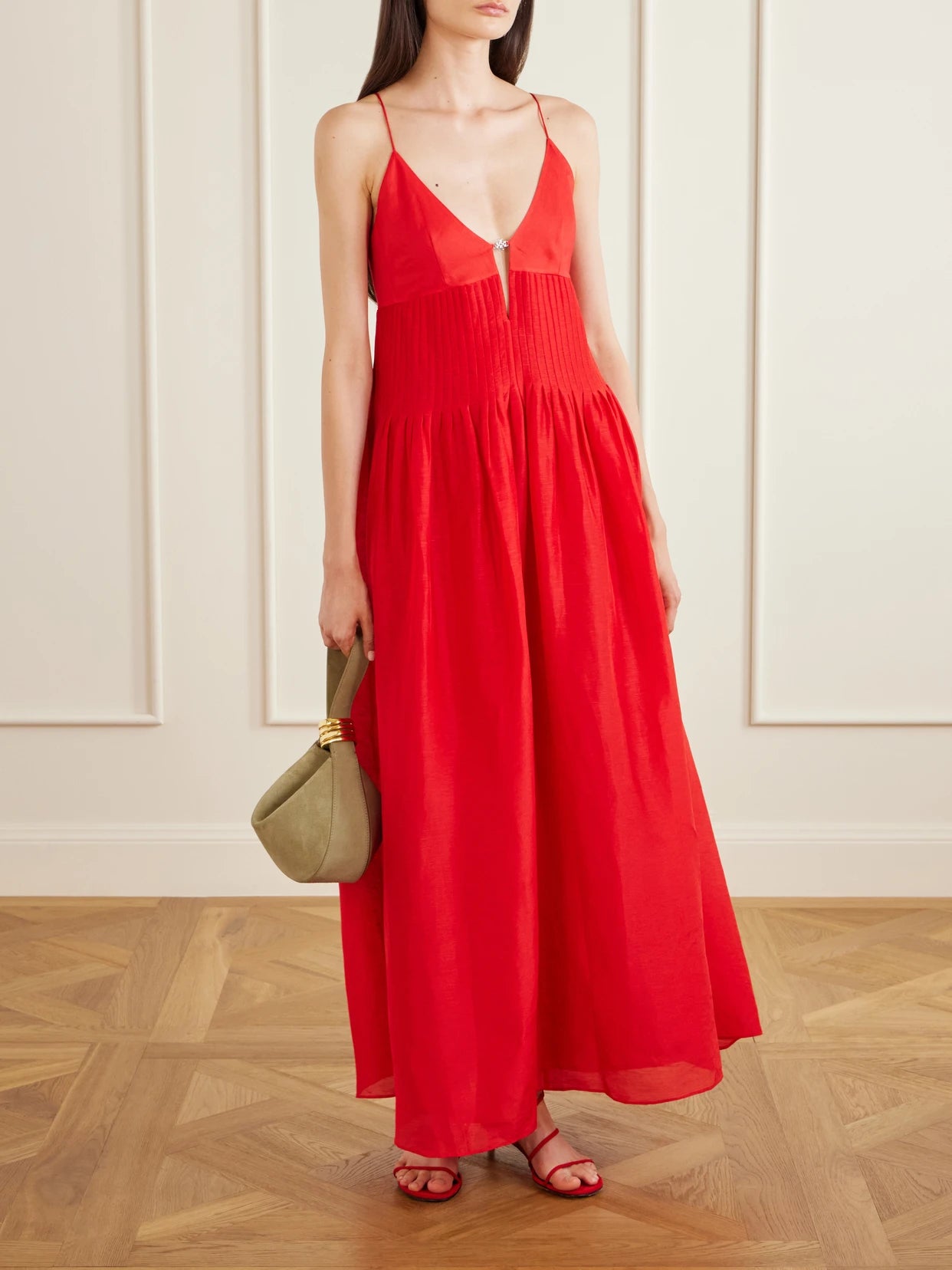 Image of Dresses. Product name - Embellished Pleated Linen And Silk-blend Maxi Dress in Red colour by brand - Tory Burch