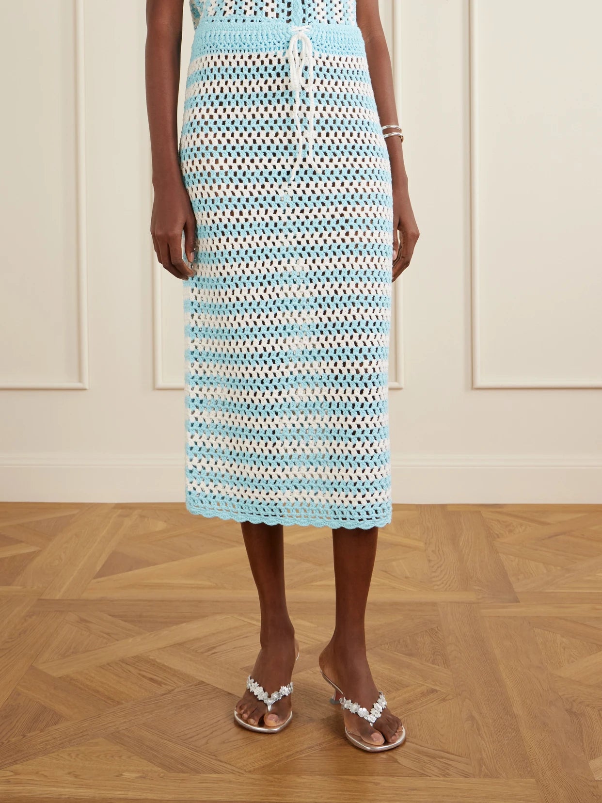 Welles Striped Crocheted Cotton Midi Skirt