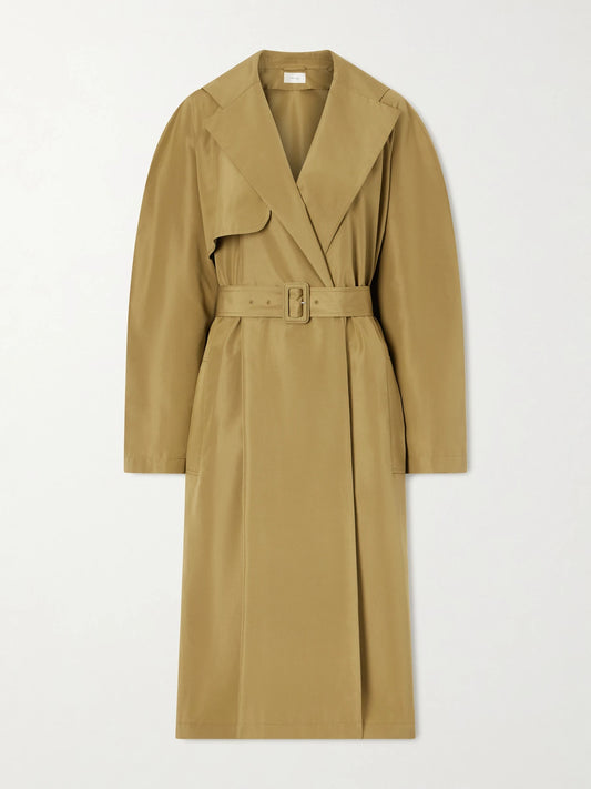 Image of Coats & Jackets. Product name - Amapola Belted Silk-faille Long Coat in Army green colour by brand - The Row