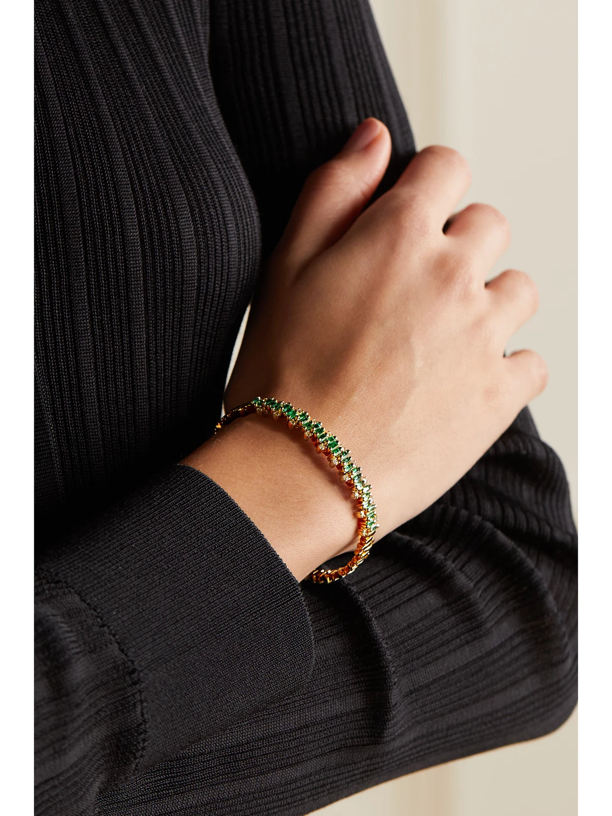 Image of Bracelets. Product name - 18-karat Gold, Emerald And Diamond Cuff in Multi colour by brand - Suzanne Kalan