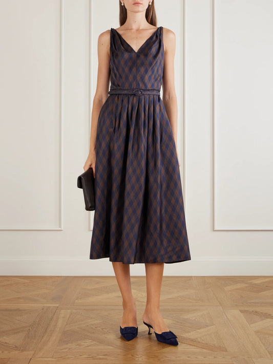Image of Dresses. Product name - Argyle Silk-twill Midi Dress in Brown colour by brand - Oscar de la Renta