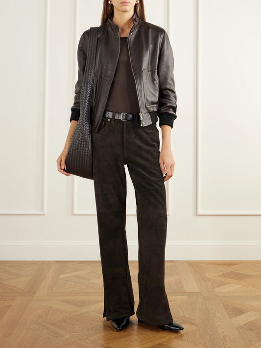 Image of a model wearing Pants. Product name - Charlot Split Hem Suede Mid-rise Wide-leg Jeans in Chocolate colour by brand - B SIDES