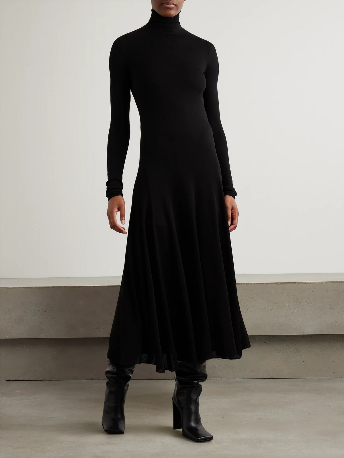 Open-back Jersey Turtleneck Midi Dress