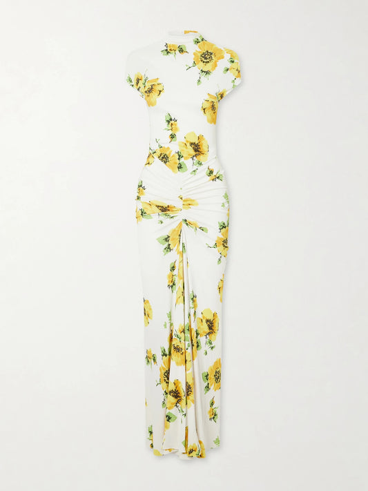 Image of Dresses. Product name - Floral-print Jersey Draped Maxi Dress in White colour by brand - Alaïa