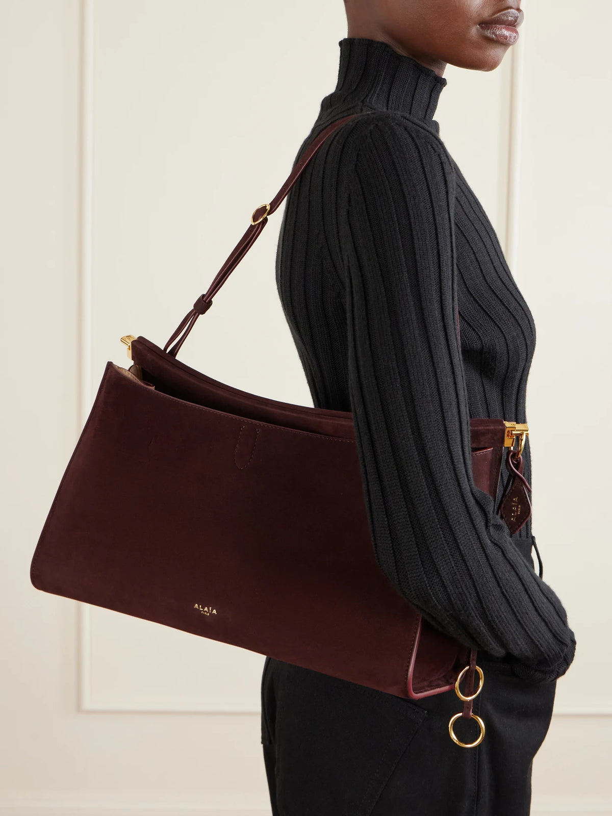 Image of Bags. Product name - Le Click Nubuck Shoulder Bag in Burgundy colour by brand - Alaïa