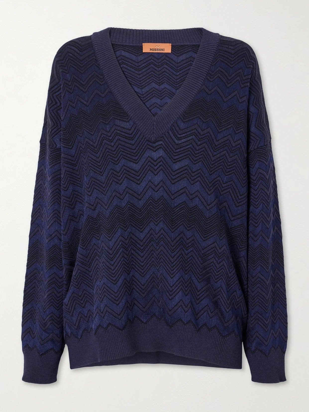 Image of a model wearing Outerwear. Product name - Striped Crochet-knit Sweater in Blue colour by brand - Missoni