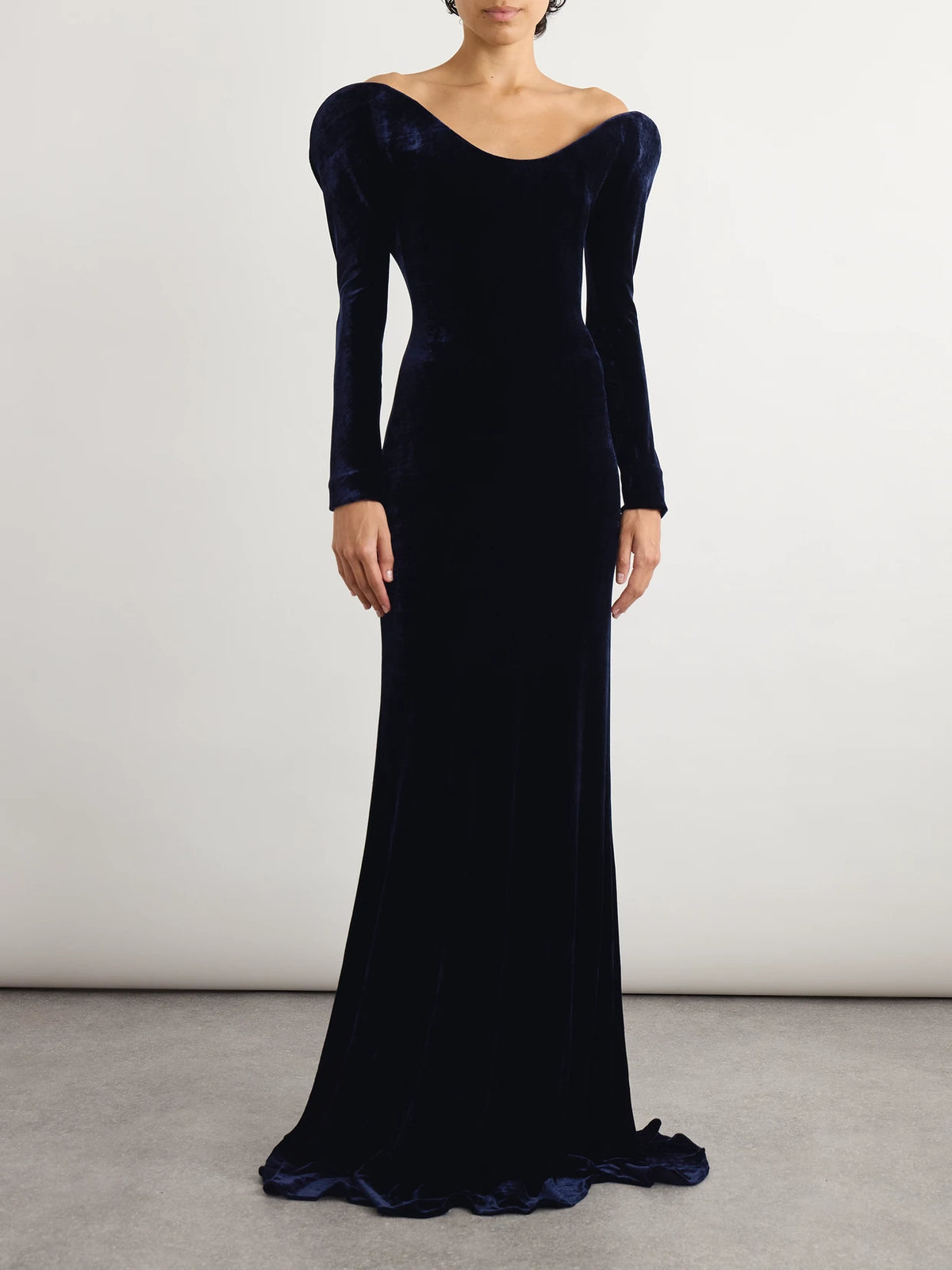 Image of Dresses. Product name - Off-the-shoulder Velvet Gown in Navy colour by brand - Alaïa