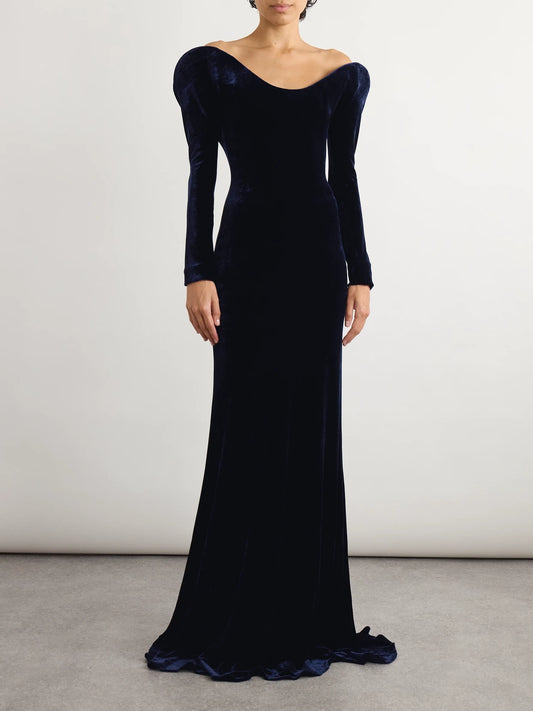 Image of Dresses. Product name - Off-the-shoulder Velvet Gown in Navy colour by brand - Alaïa