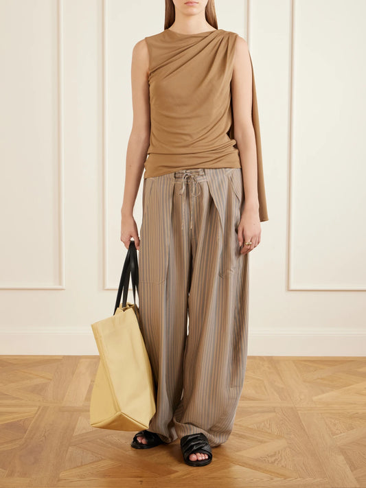 Image of a model wearing Pants. Product name - Clemence Striped Twill Wide-leg Pants in Beige colour by brand - KALLMEYER