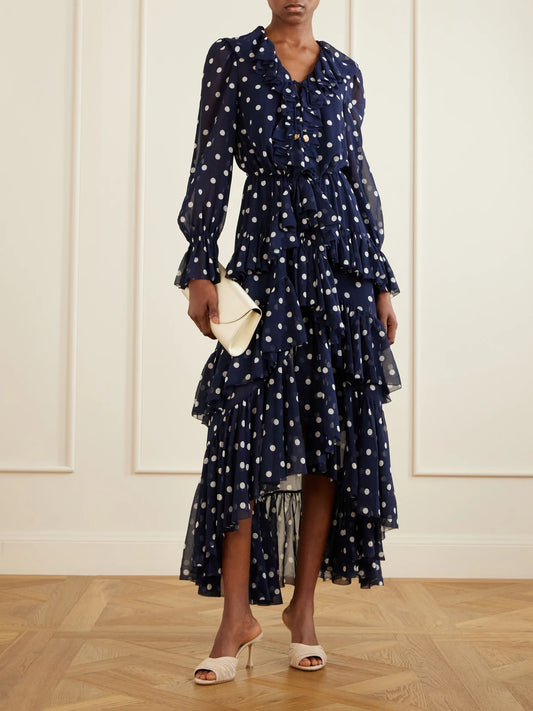 Image of Dresses. Product name - Ruffled Tiered Polka-dot Georgette Midi Dress in Navy colour by brand - Self-Portrait