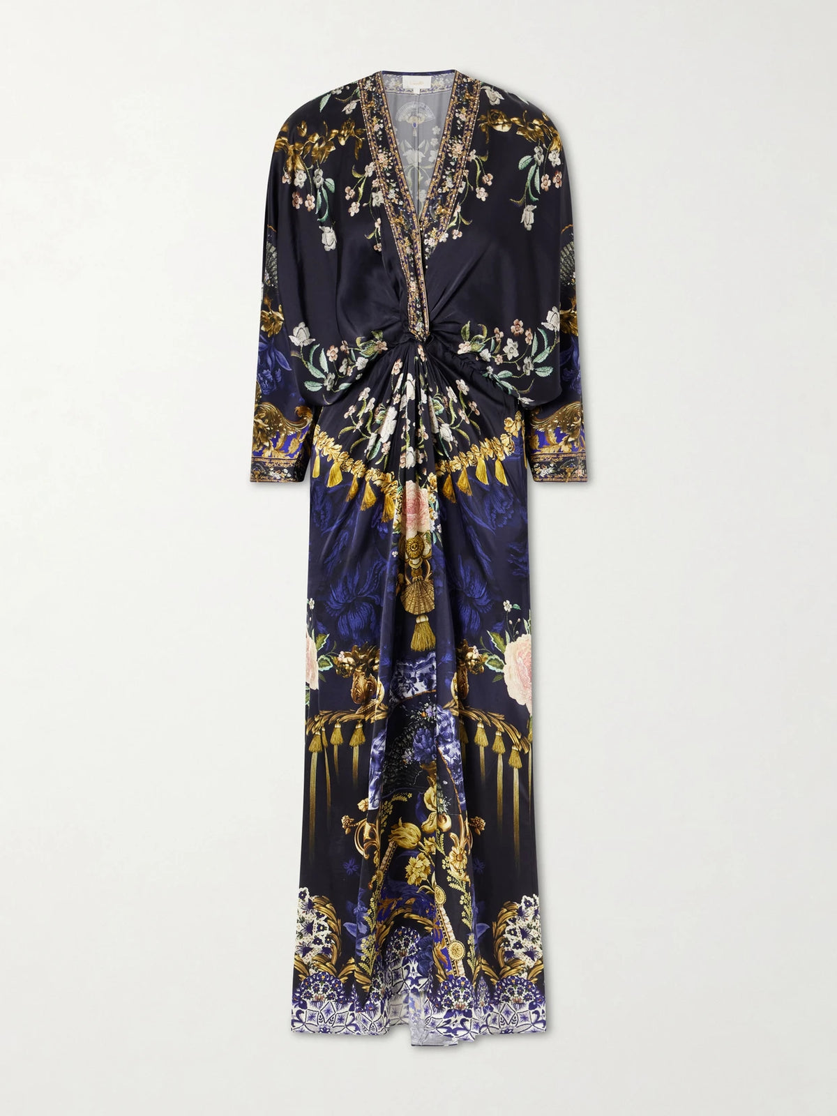 Gathered Embellished Printed Silk Maxi Dress